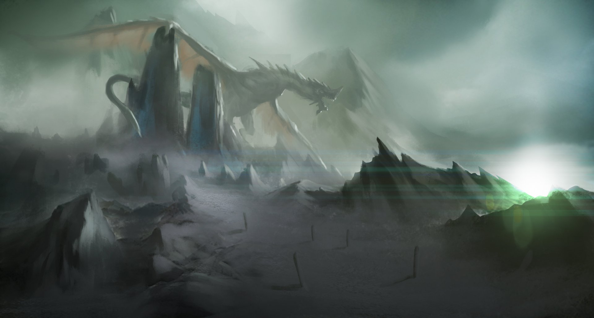 A 4K Ultra HD fantasy desktop wallpaper featuring a towering dragon looming over a misty, jagged landscape with ancient ruins and a glowing horizon.