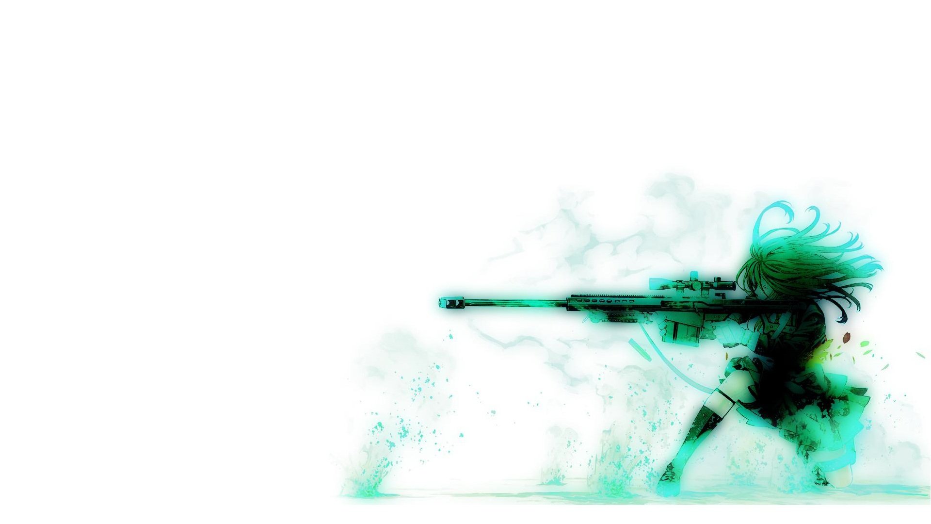 Anime original HD PC desktop wallpaper: teal watercolor silhouette of a long-haired girl crouched and aiming a sniper rifle, with paint splatters and expansive white negative space.
