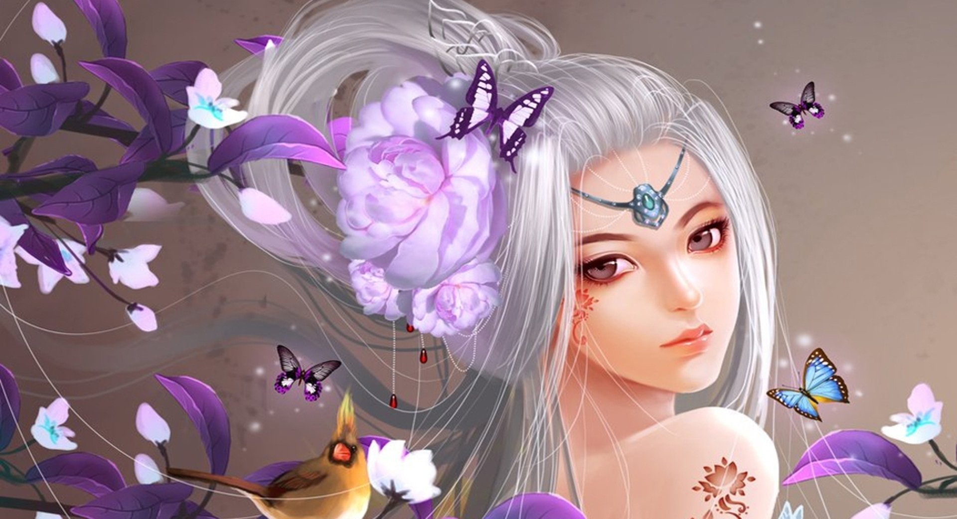 A fantasy-themed HD wallpaper featuring a woman with long silver hair adorned with flowers and butterflies, surrounded by delicate blossoms and vibrant colors.