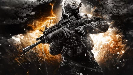 HD wallpaper featuring a soldier from Call of Duty: Black Ops II, with an intense, fiery background that enhances the action-packed atmosphere of the video game.