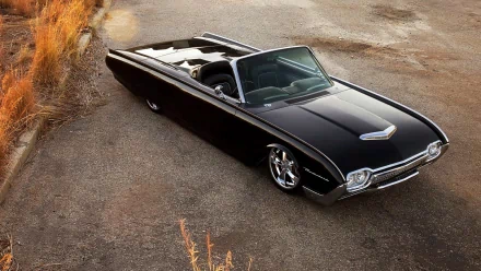 HD PC desktop wallpaper featuring a sleek black Ford Thunderbird convertible parked on a rustic road beside dry grass.