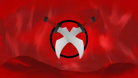 HD PC desktop wallpaper/background of Katarina (League of Legends): crimson smoky scene with stylized twin blades and a white X emblem, video game art.