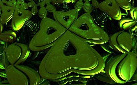 Artistic 3D rendering of layered, reflective green shapes resembling stylized clovers, designed as a high-definition PC desktop wallpaper and background.
