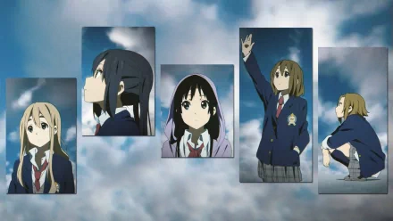 HD anime desktop wallpaper featuring characters from K-ON! against a cloudy sky background, showcasing the main cast in various expressive poses.