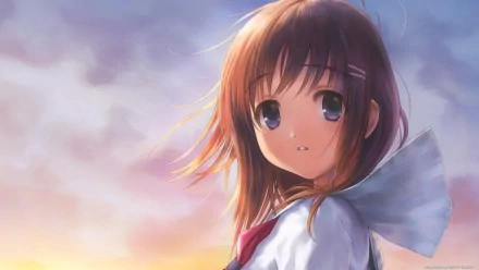 Original anime HD PC desktop wallpaper: a wide-eyed schoolgirl in a white sailor uniform with red ribbon, hair fluttering, gazing toward a pastel sunset sky.