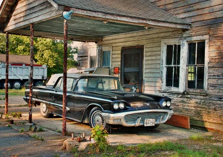 HD PC desktop wallpaper featuring a vintage Ford Thunderbird parked under a rustic carport beside an old weathered wooden house.