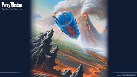 Perry Rhodan sci-fi HD desktop wallpaper: blue starship skims a volcanic world, lava rivers and erupting volcanoes under stormy skies.