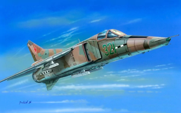 HD desktop wallpaper featuring a military Mikoyan MiG-27 fighter jet soaring through a clear blue sky.