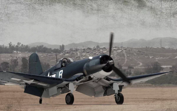 HD desktop wallpaper featuring a Vought F4U Corsair military aircraft on a runway with a muted, textured background.