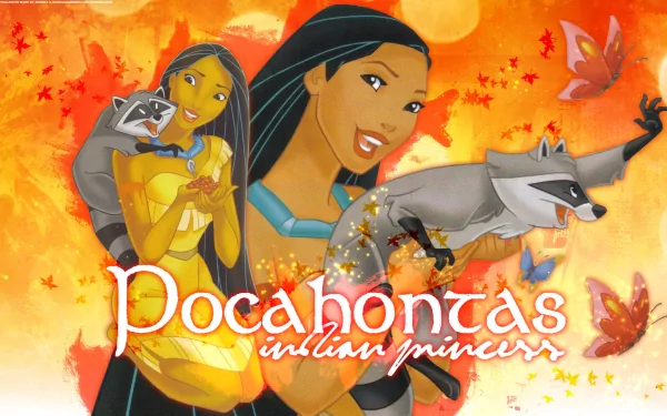 HD wallpaper featuring characters from the movie *Pocahontas*, showcasing Pocahontas with her animal companions against a vibrant, autumn-themed backdrop.