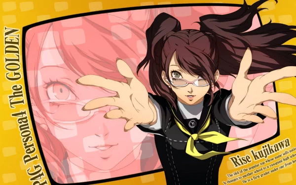 HD PC desktop wallpaper of Persona 4 character Rise Kujikawa reaching forward against a yellow graphic background with a pink portrait inset — video game artwork.