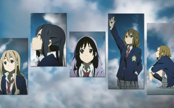 HD anime desktop wallpaper featuring characters from K-ON! against a cloudy sky background, showcasing the main cast in various expressive poses.