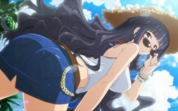 HD anime desktop wallpaper from Papa no Iukoto o Kikinasai! — long black-haired girl in sunglasses, white tank top and denim shorts posing against a bright, sunny blue-sky background.