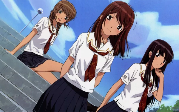 HD anime desktop wallpaper featuring three schoolgirls from Kimikiss Pure Rouge in uniforms against a blue sky background.