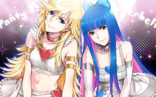 HD PC wallpaper featuring anime characters Panty and Stocking from Panty & Stocking with Garterbelt, showcasing their distinct styles and vibrant colors.