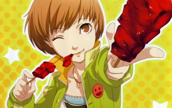 HD PC desktop wallpaper featuring a character from the video game Persona 4, holding red roses with a vibrant yellow star-patterned background.