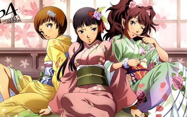 HD PC desktop wallpaper featuring three characters from the video game Persona 4 dressed in colorful traditional kimonos, set against a floral background.