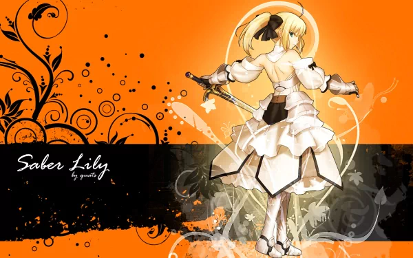 Saber Lily from Fate/Stay Night is depicted in this vibrant HD wallpaper, showcasing her dynamic pose against an abstract orange background with floral elements.