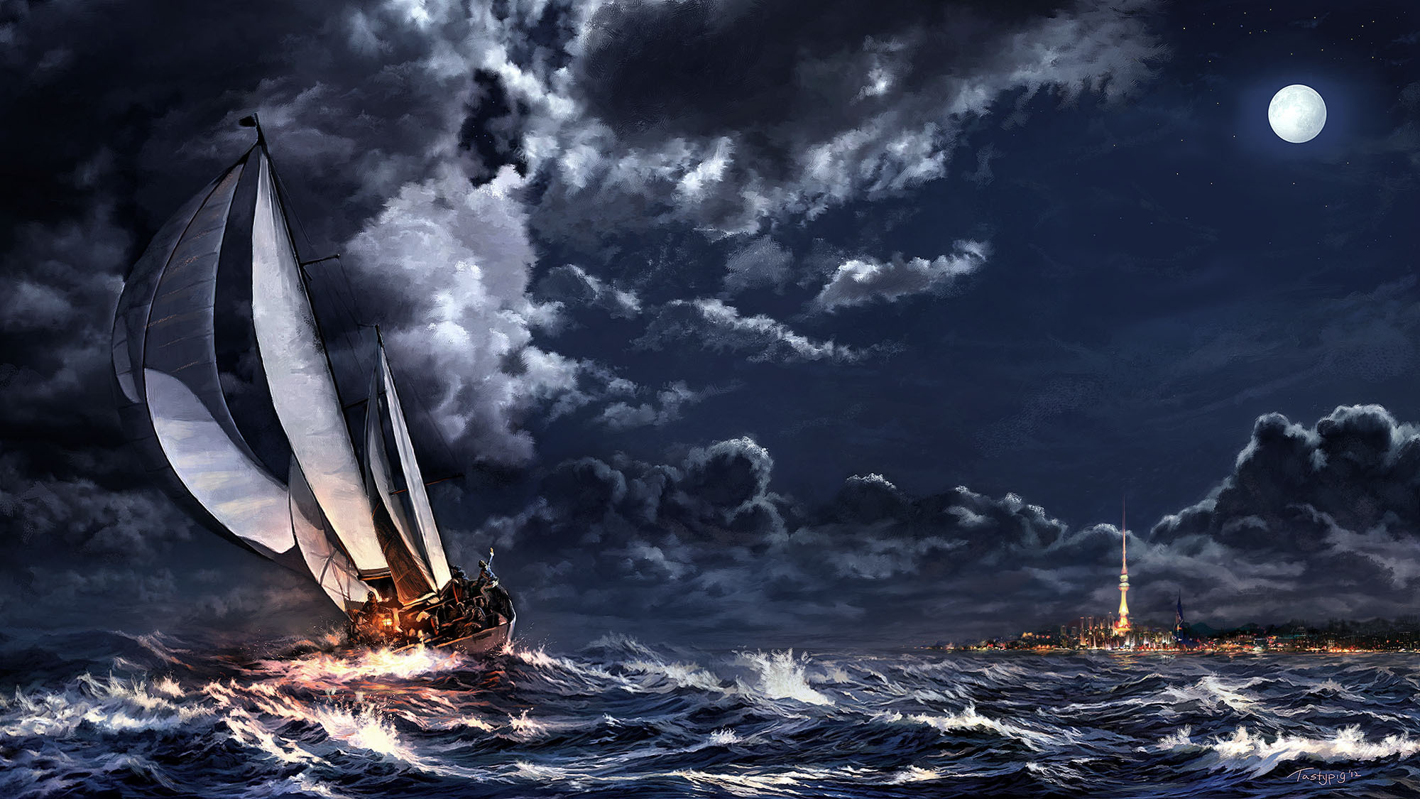 Moonlit Voyage: Artistic Nighttime Sailing HD Wallpaper