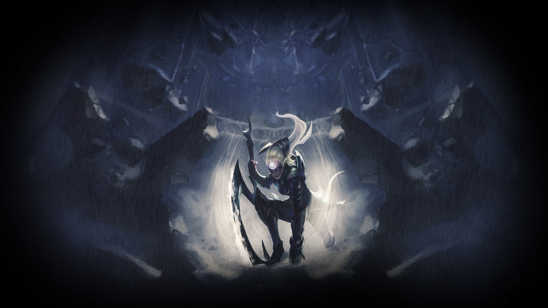 HD PC desktop wallpaper featuring Diana from the video game League of Legends, depicted in a dark, mystical setting with her crescent blade ready.