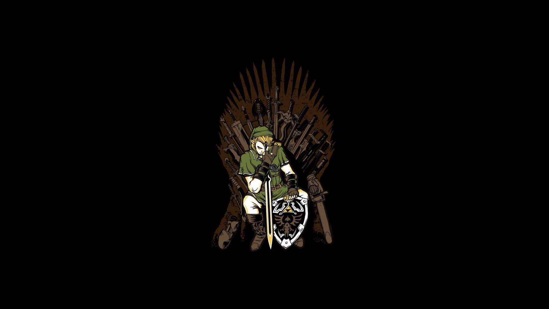 HD PC wallpaper featuring Link from The Legend of Zelda seated on the Iron Throne from Game of Thrones, blending iconic video game and TV fantasy elements.