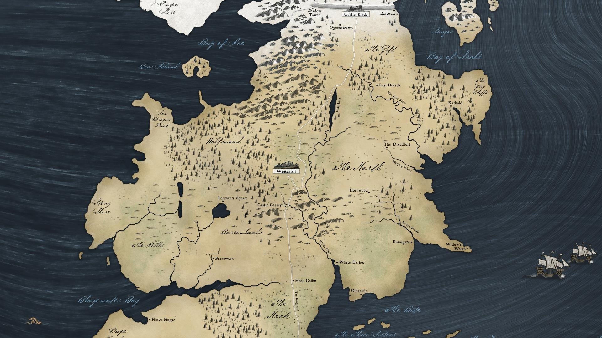 HD PC desktop wallpaper: parchment-style map of Westeros from the TV show Game of Thrones, with coastlines, forests, mountains and labeled regions.