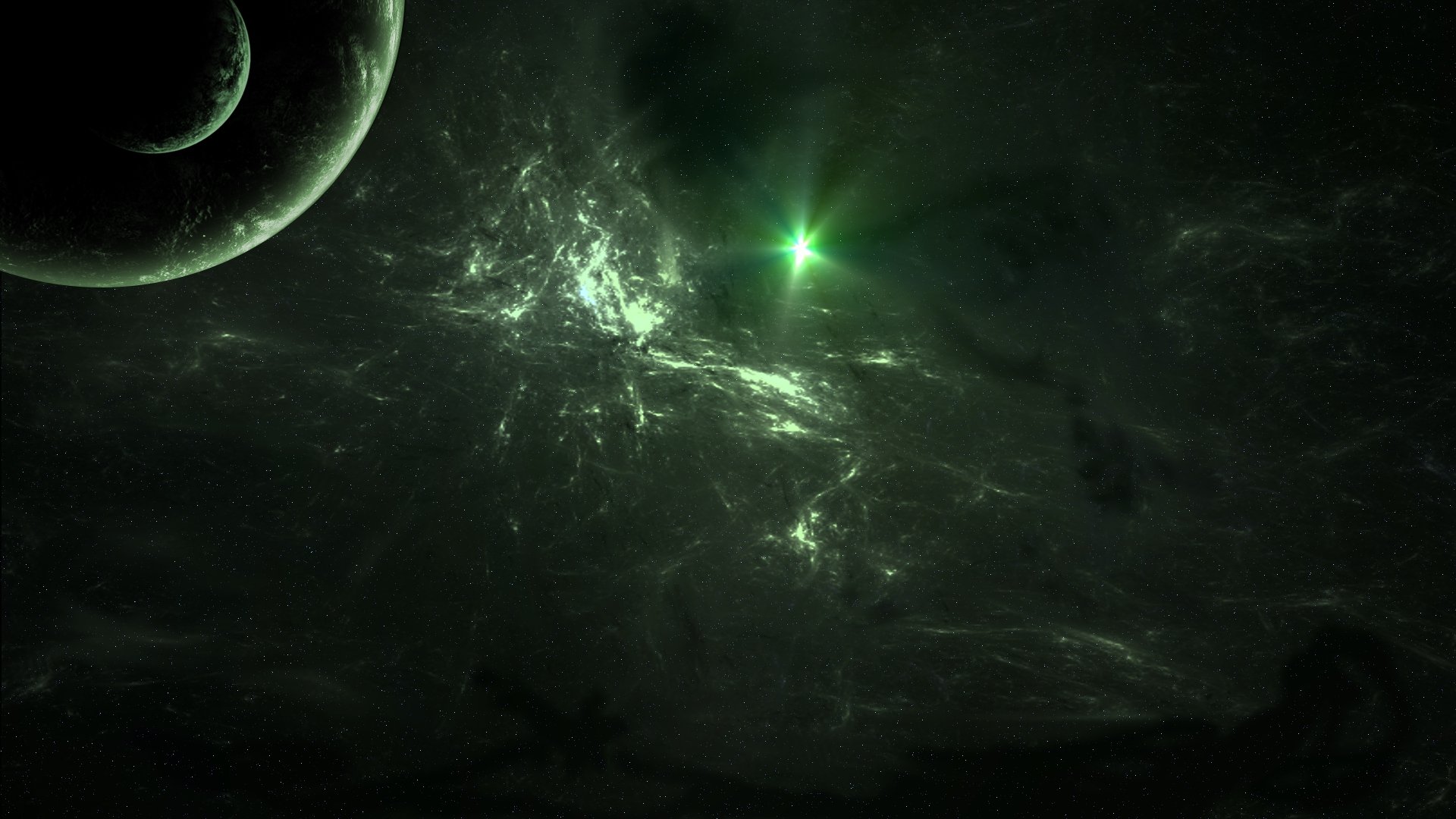 HD PC desktop wallpaper and background: sci-fi vista of a glowing green nebula, a bright green star and shadowed planets drifting in a dark cosmic void.