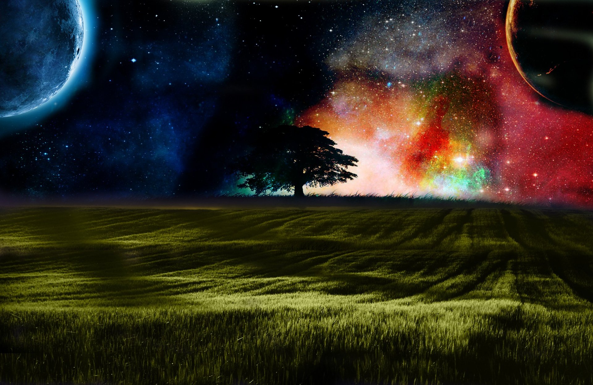 A serene nature scene with a solitary tree on a grassy field under a cosmic sky, featuring vibrant nebulae and distant planets in this HD PC desktop wallpaper.