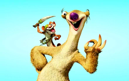 HD desktop wallpaper featuring Sid and Buck from the movie Ice Age: Continental Drift, showcasing their playful and adventurous characters against a bright blue background.