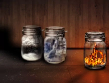 A 4K Ultra HD fantasy desktop wallpaper featuring three mystical jars containing elemental forces: ice, lightning, and fire, set against a dim wooden background.