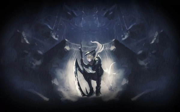 HD PC desktop wallpaper featuring Diana from the video game League of Legends, depicted in a dark, mystical setting with her crescent blade ready.
