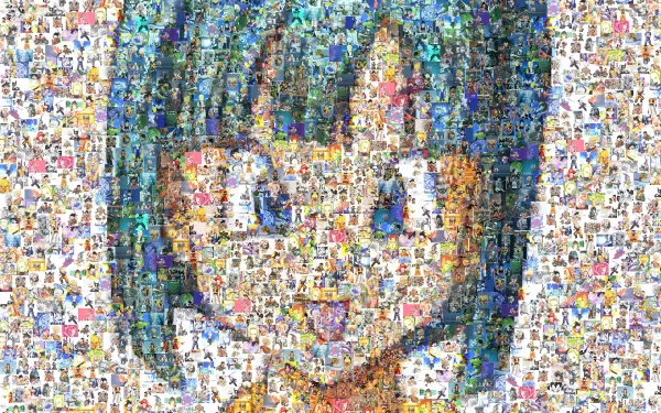 An HD desktop wallpaper featuring Bulma from Dragon Ball Z, composed of numerous small images forming a mosaic of her face.
