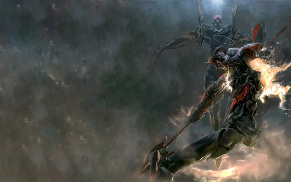 HD wallpaper featuring Evangelion Mark-06 and Evangelion Unit-01 from the anime Neon Genesis Evangelion in a dramatic scene. The units are depicted in dynamic action poses amidst a smoky, intense background.