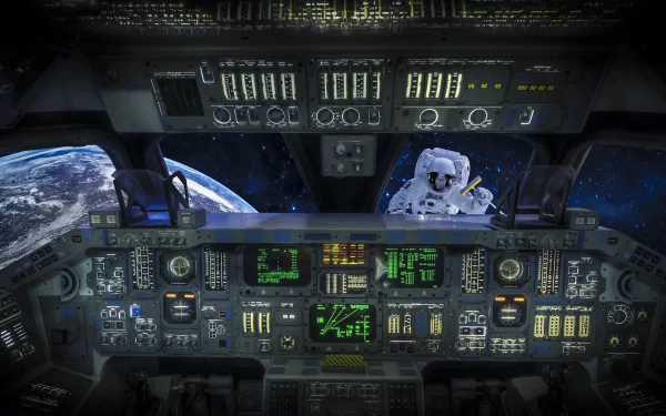 4K Ultra HD wallpaper showing a space shuttle cockpit with detailed controls, an astronaut performing a spacewalk, and Earth visible through the windows in the background.