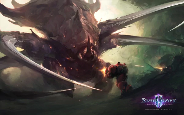 HD PC desktop wallpaper and background from the video game StarCraft II: Heart of the Swarm—colossal Zerg creature looming over a lone Terran marine amid a smoky battlefield.