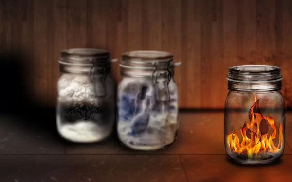 A 4K Ultra HD fantasy desktop wallpaper featuring three mystical jars containing elemental forces: ice, lightning, and fire, set against a dim wooden background.