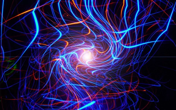An abstract HD wallpaper featuring vibrant blue and red light trails swirling around a bright central glow, creating a dynamic and captivating background.