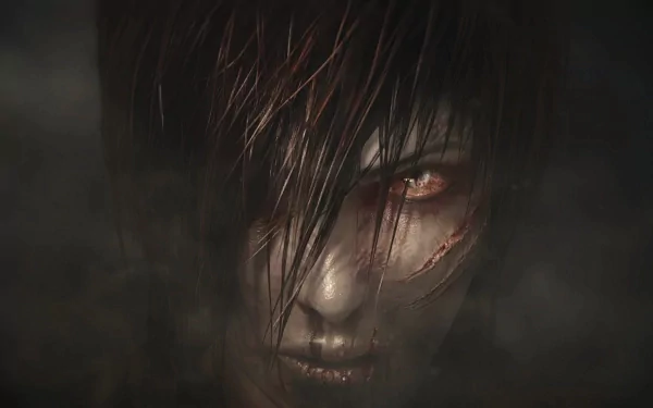 A striking HD wallpaper from Diablo III featuring a haunting character with intense eyes and dark, disheveled hair, set against a mysterious background.