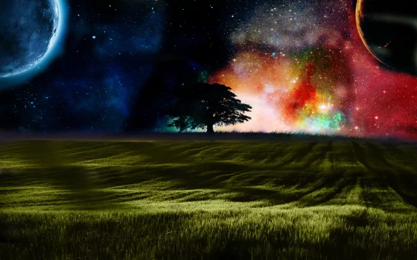 A serene nature scene with a solitary tree on a grassy field under a cosmic sky, featuring vibrant nebulae and distant planets in this HD PC desktop wallpaper.