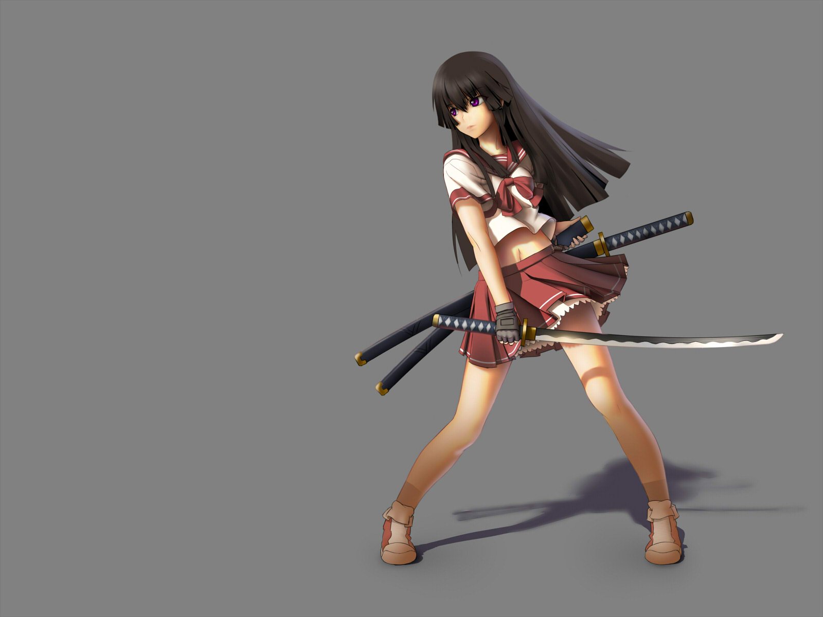 Anime-style original character with long dark hair, dressed in a school uniform and holding two swords, featured in an HD PC desktop wallpaper and background.