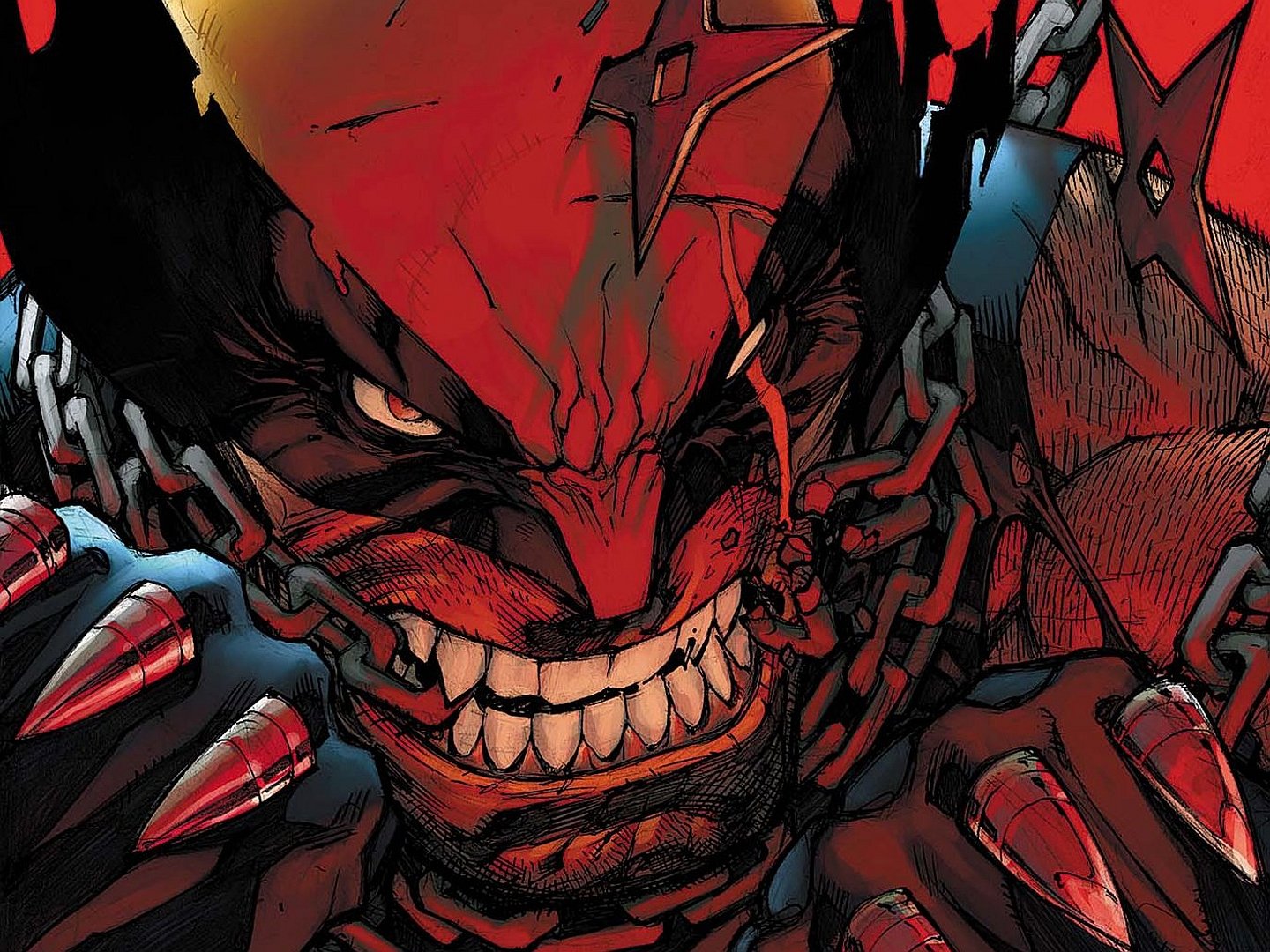 Comic Wolverine HD PC desktop wallpaper: snarling close-up of the mutant in a red mask, bared teeth, chains and extended claws.