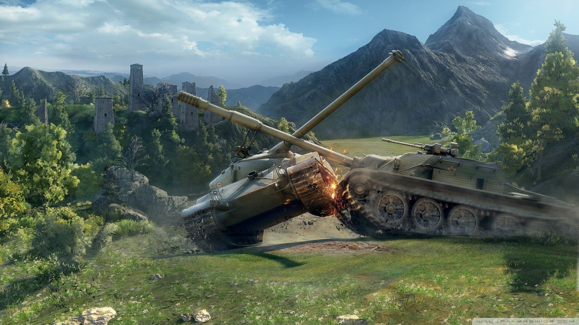 HD PC desktop wallpaper from the video game World of Tanks, featuring two tanks clashing in a mountainous battlefield with castles and greenery in the background.