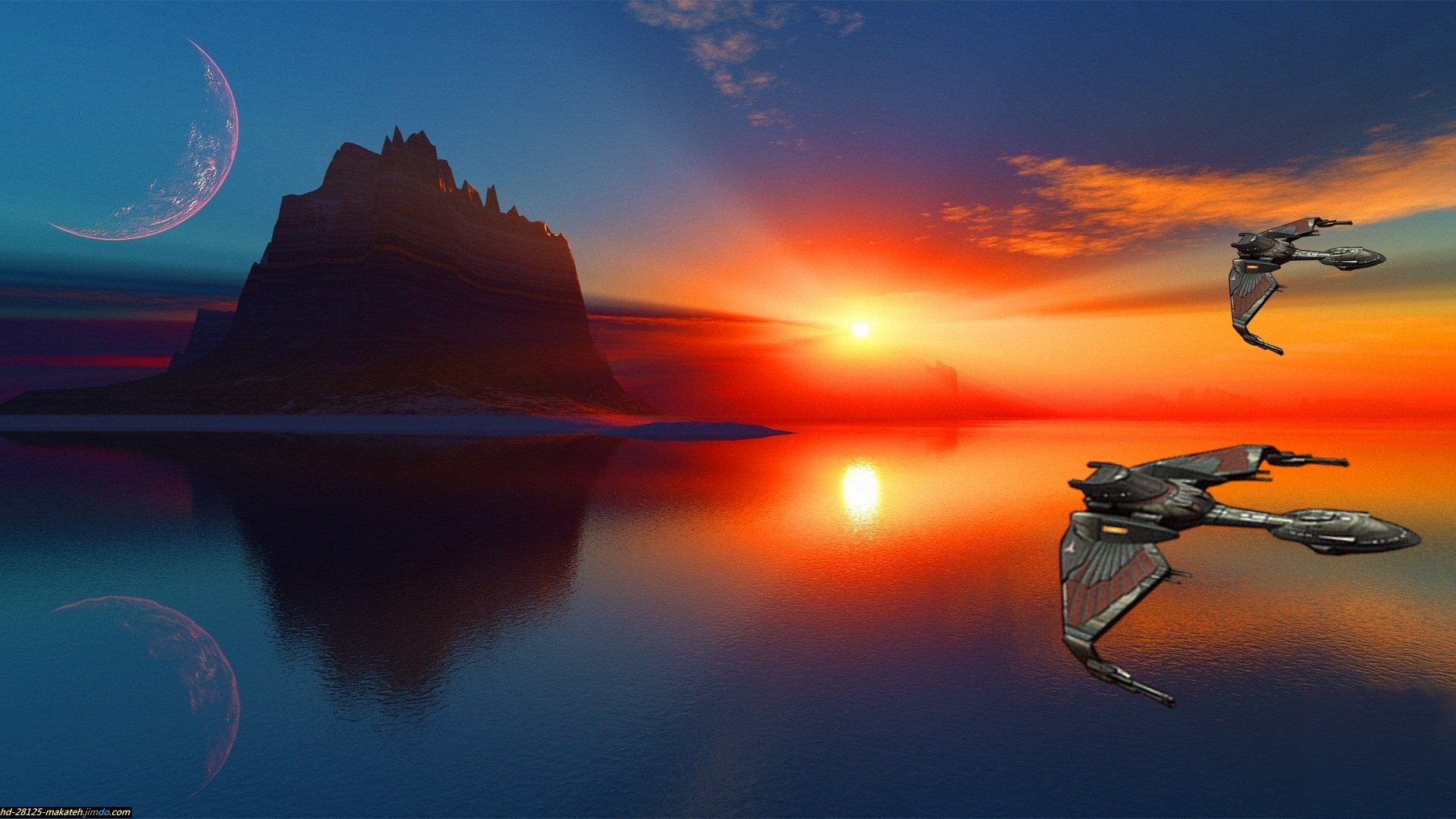 HD Sci-Fi wallpaper featuring a spaceship near a planet and moon, with a vibrant sunset reflecting over calm water and a silhouetted rocky landscape.