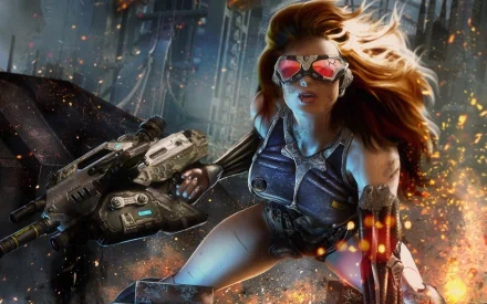 HD PC desktop wallpaper featuring a dynamic female character from the video game Crysis 4 in futuristic armor, set against an intense, fiery battlefield background.