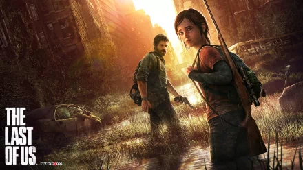 HD desktop wallpaper and background featuring characters from the video game The Last Of Us navigating a post-apocalyptic urban landscape, with overgrown vegetation and abandoned vehicles.