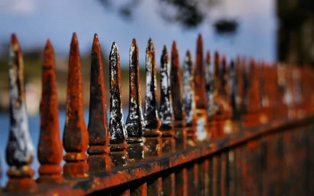 Close-up of a rusted, spiked man-made iron fence in shallow focus with warm tones — 2K Quad HD PC desktop wallpaper and background.