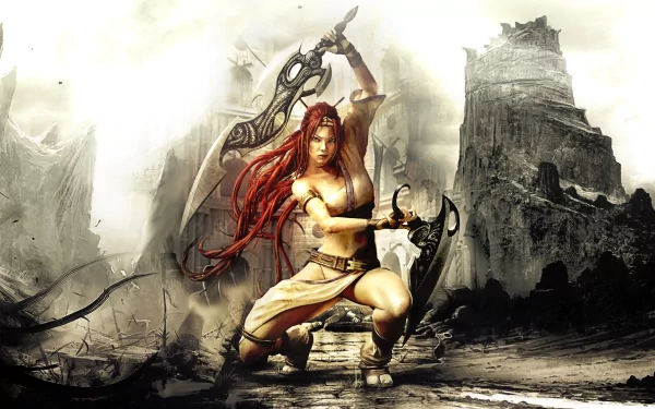 HD PC desktop wallpaper featuring Nariko from the video game Heavenly Sword, poised with her iconic sword against a dramatic, ruined landscape background.