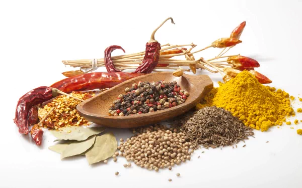 An array of vibrant herbs and spices, featuring dried chilies, a bowl of mixed peppercorns, and various powders, creating an appealing HD wallpaper for food enthusiasts.