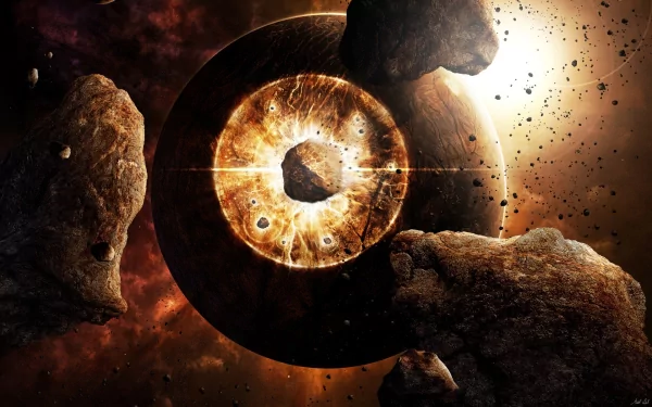 HD PC desktop wallpaper showcasing a sci-fi scene of a dramatic collision between asteroids and a glowing, ringed celestial body in deep space.