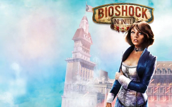 HD PC desktop wallpaper featuring a character from the video game Bioshock Infinite against a cloudy sky and architectural backdrop.